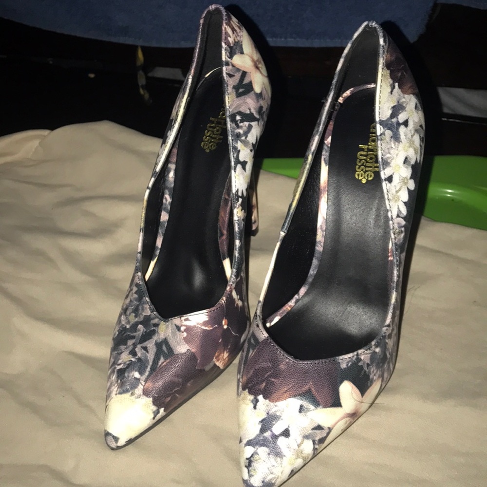 Purple, gray and pink floral high heels